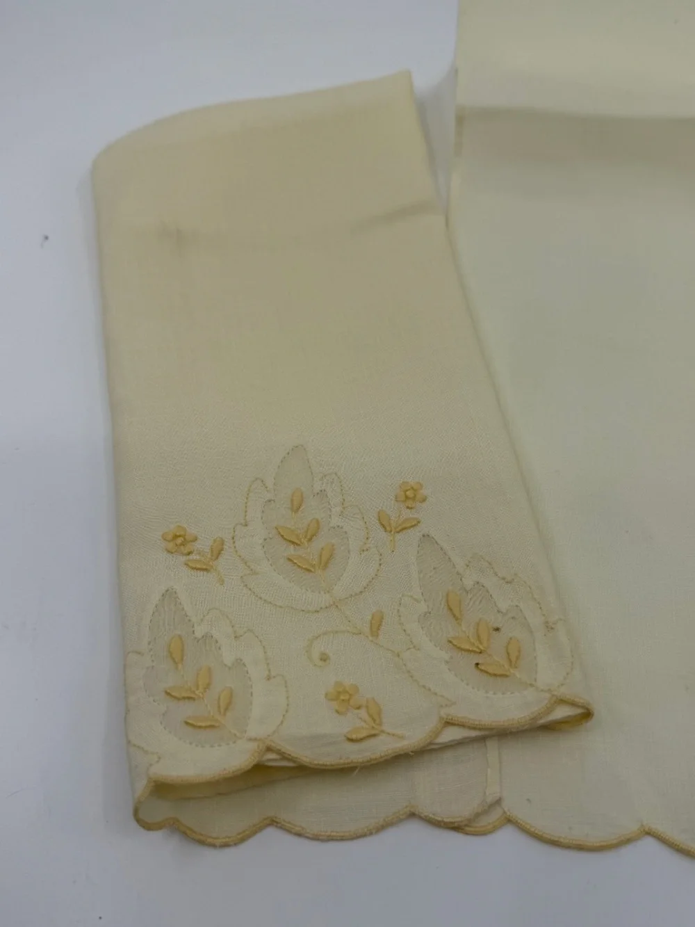 Pair Vintage Embroidered Pale Yellow Madeira Linen & Organza Fingertip Towels